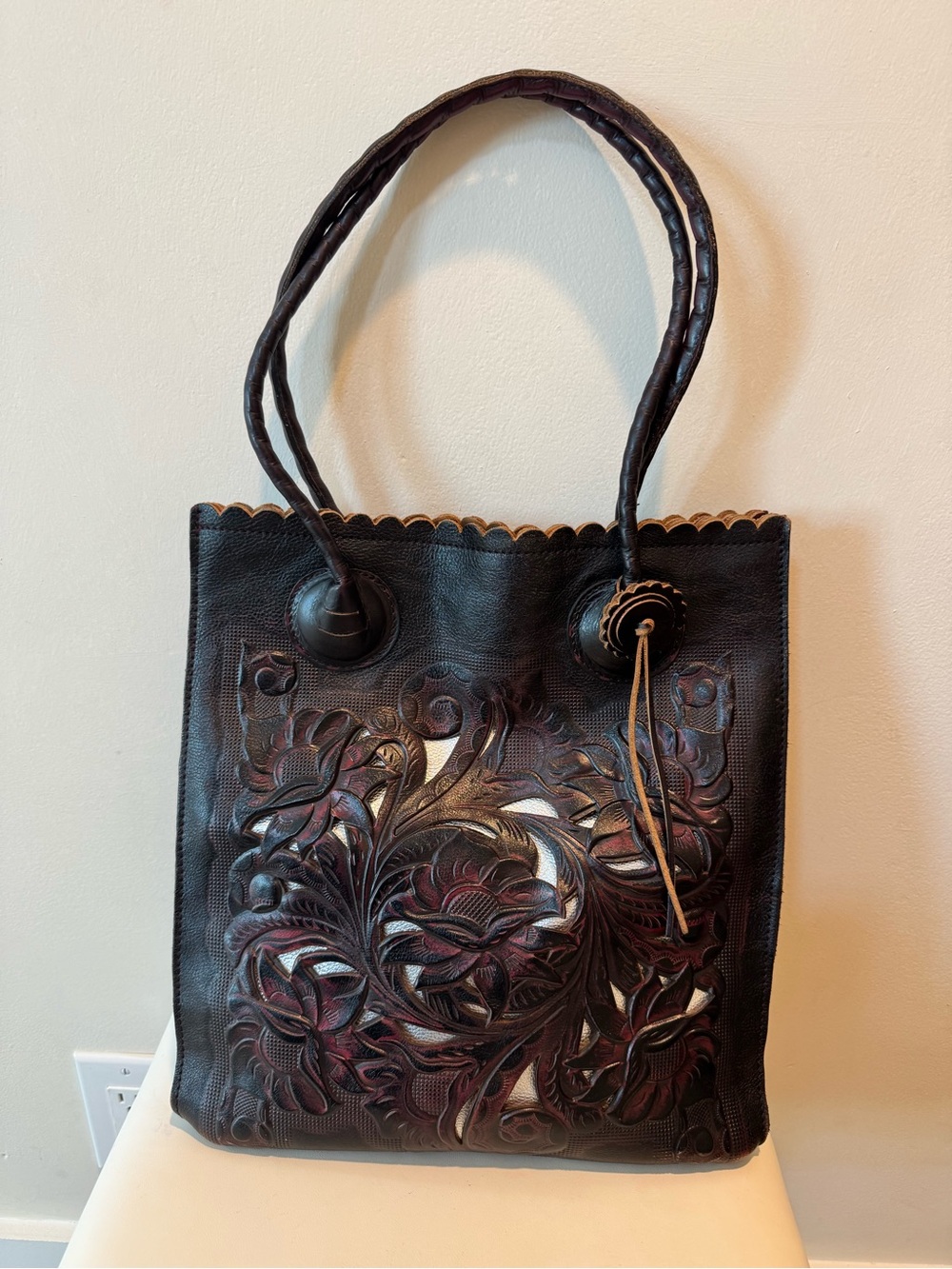 Patricia Nash Dark Burgundy Tooled Cut Out Cavo Leather Tote Bag